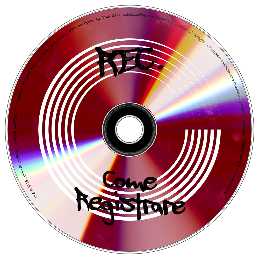 Corso di registrazione REC per home studio con microfono e scheda audio rappresentato da un disco rosso