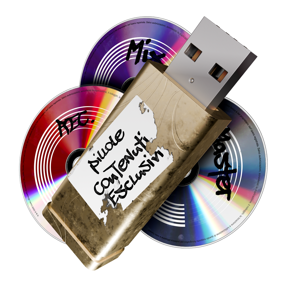 Corsi di registrazione, mix e mastering rappresentati da dischi colorati rosso, viola e argento e contenuti esclusivi in abbonamento rappresentati da una chiavetta usb dorata