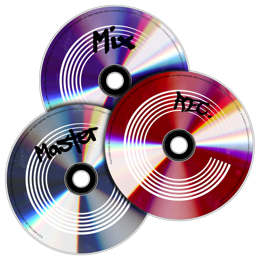 Corsi di registrazione, mix e mastering rappresentati da dischi colorati rosso, viola e argento